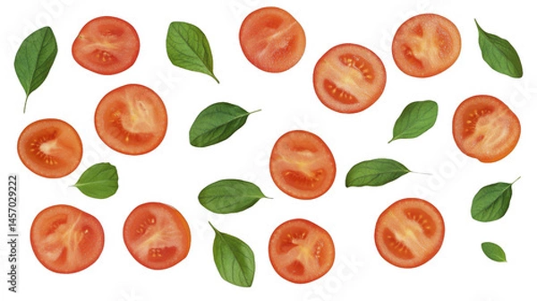 Obraz Scattered ripe sliced tomato halves with fresh basil leaves composition, top view arrangement and food ingredients concept on a transparent background, PNG image, PNG file.