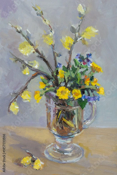 Fototapeta Bouquet of spring flowers oil painting. Yellow dandelions and purple flowers in a vase on the table. Original oil painting. Modern art, a hand-drawn painting. Layout for design greeting cards websites