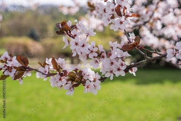 Fototapeta Cherry Blossom Branch in Spring Garden. Close-up of blossoming cherry tree outdoors