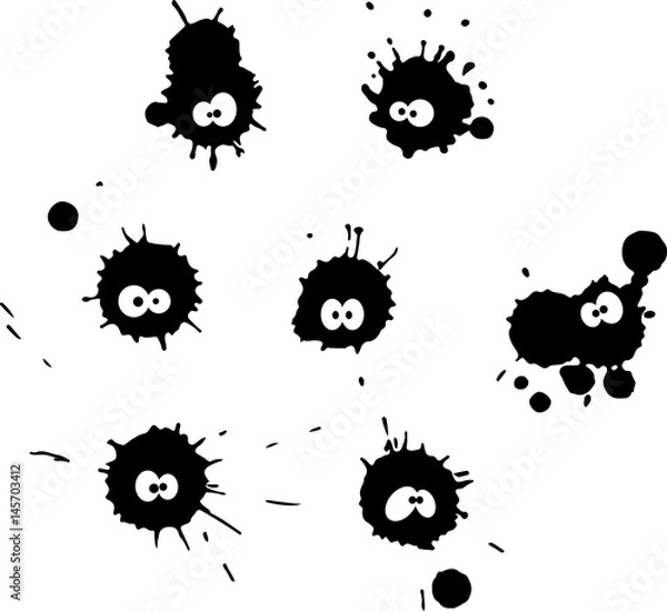 Fototapeta Fun ink blot collection, isolated, black drops on white background. Comic style, blots with eyes