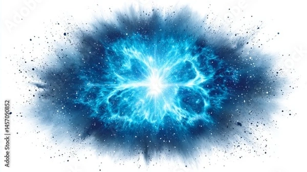 Fototapeta Celestial Energy Burst - A vibrant blue energy explosion against a white background. Perfect for science fiction, fantasy, or power-related projects