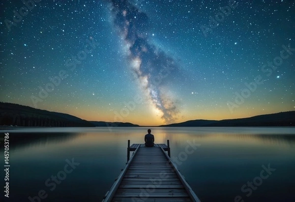 Fototapeta Stargazer sitting on dock at tranquil lake under Milky Way at dusk