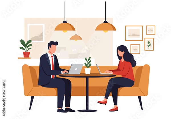 Fototapeta Vibrant flat vector illustration of a casual office meeting. A man and woman collaborate on a laptop in a relaxed lounge setting or modern coffee shop. Modern workplace concept