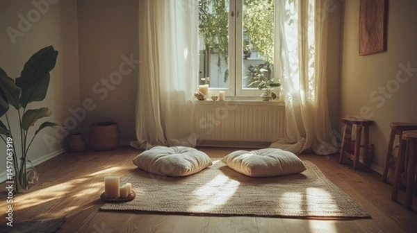 Obraz A bright and inviting room with cushions and natural sunlight
