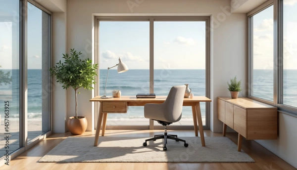 Fototapeta Modern Home Office with Ocean View