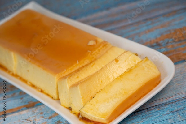 Obraz Cream caramel pudding with caramel sauce on a plate, Flan, High quality photo