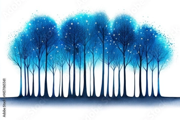 Fototapeta Glowing Azure Forest Watercolor - Enchanting watercolor painting of a bioluminescent forest at night. Symbolizing tranquility, magic, wonder, serenity, and dreams