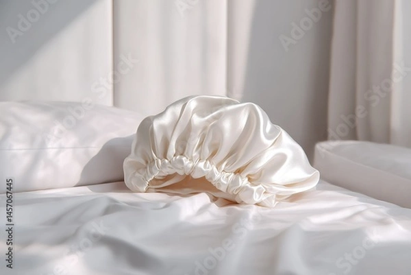 Obraz Soft satin shower cap resting on white linens in a serene bedroom setting during morning light