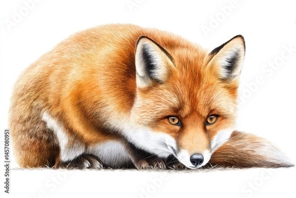 Fototapeta Red Fox in Winter - A beautiful red fox sits low to the ground, its fur appearing thick and luxurious against a white background. The fox's gaze is intense, and its expression is one of alertness