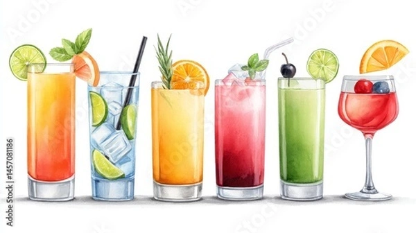 Fototapeta Refreshing Summer Cocktails Collection - A vibrant watercolor illustration showcasing six assorted summer cocktails in tall glasses, garnished with fresh fruit and herbs. Perfect for menus, websites