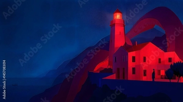 Obraz wrapped around a digital lighthouse glowing red