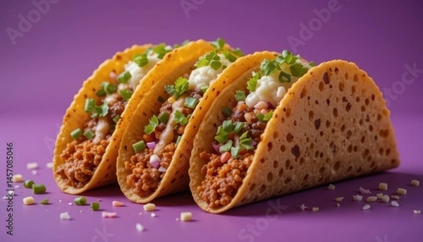 Fototapeta Three tacos on a purple surface, close-up view.