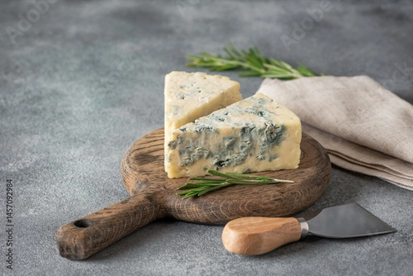 Fototapeta Blue cheese on grey rustic background, selective focus