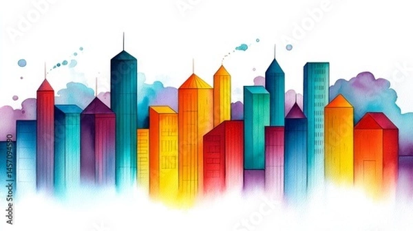 Obraz Vibrant Cityscape Illustration - Colorful watercolor painting of a city skyline, featuring various building heights and bright hues. Ideal for urban, real estate, or architectural projects