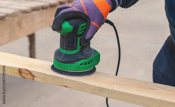 Obraz Man sanding wooden boards. Selective focus.