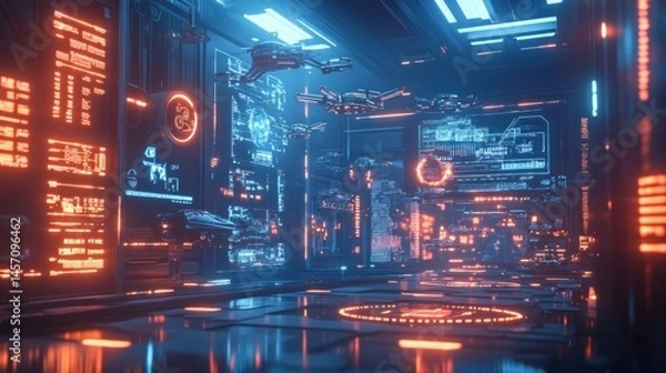 Fototapeta Futuristic, technologically advanced interior space filled with glowing displays,  hovering vehicles, and intricate machinery.  Dynamic neon lights highlight the detailed systems