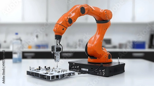 Fototapeta Orange robotic arm assembling circuit board