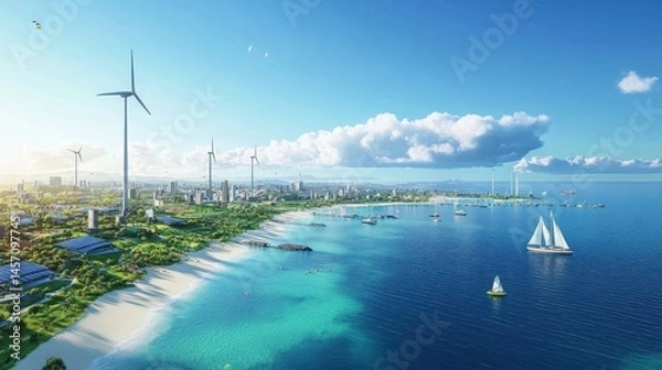 Fototapeta Coastal city with sustainable energy. Lush greenery, pristine beach, and wind turbines line the shoreline.  A tranquil sailing scene highlights the eco-friendly cityscape
