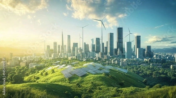 Fototapeta Sustainable city landscape with renewable energy sources. Lush green hills and a modern city skyline are interwoven with solar panels and wind turbines