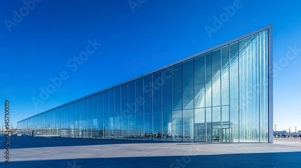 Fototapeta Modern glass architecture low view geometric lines bright sunlight sharp facade against vivid blue sky crisp urban setting.  