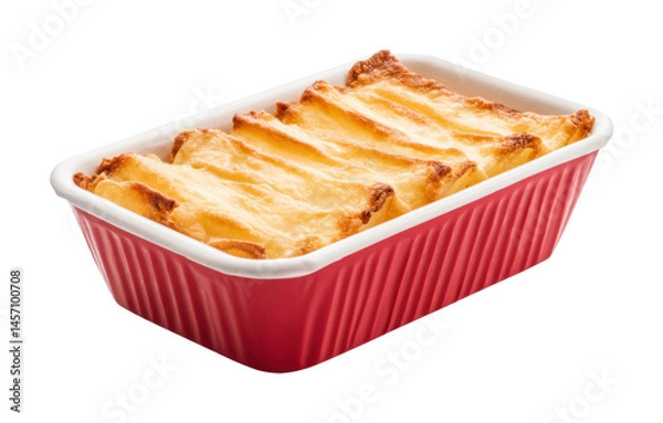 Obraz Delicious baked lasagna in red dish with golden cheese topping, cut out - stock png.