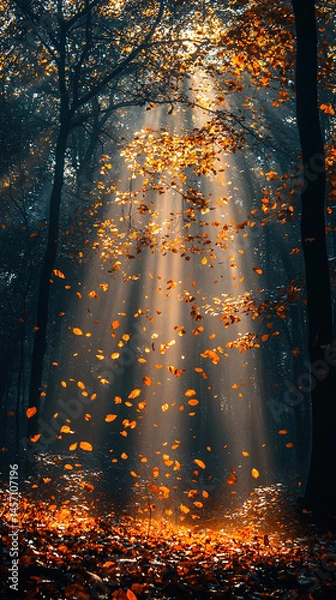 Fototapeta Golden sunlight streams through the trees, illuminating the falling autumn leaves in a serene forest.