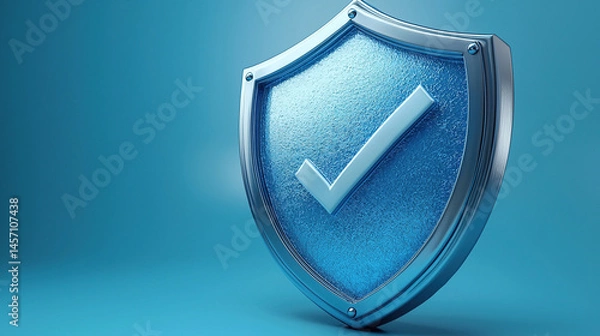 Fototapeta A 3d rendered blue shield with a checkmark, symbolizing protection and security approval.