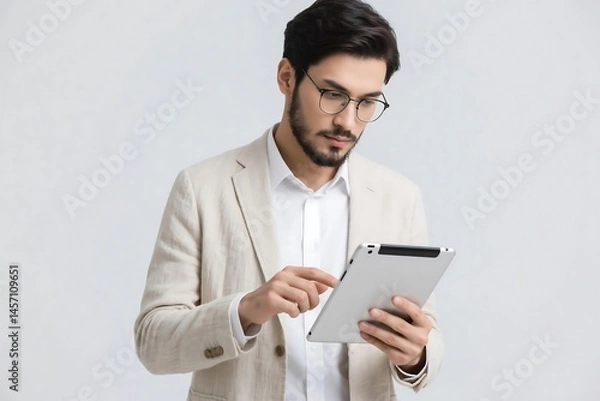 Fototapeta Professional Businessman Using Digital Tablet For Work On White Background