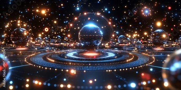 Fototapeta Futuristic Digital Universe Abstract Background with Glowing Spheres and Network Connections