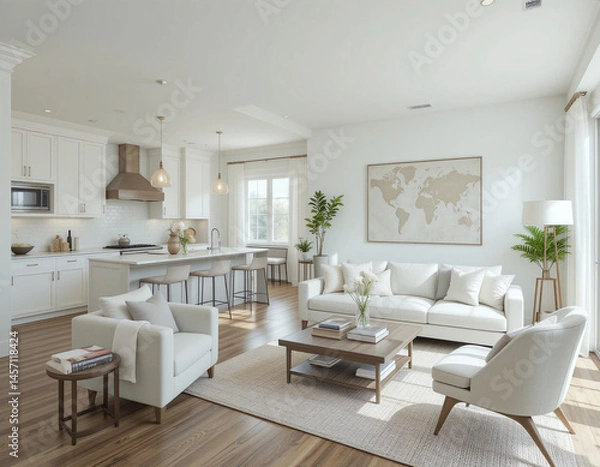 Fototapeta Elegant Open Concept White Kitchen and Living Room with Scandinavian Aesthetic – Generative AI