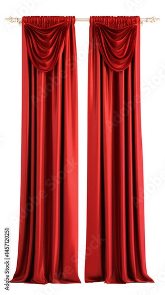 Obraz Elegant red velvet curtains with golden rod. Dramatic window treatment perfect for theater stage design, luxury interior, and classical vintage home decor themes.