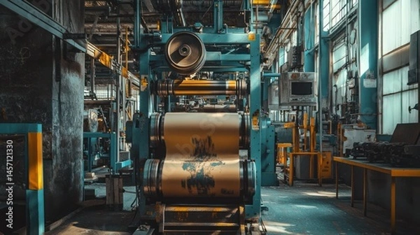 Obraz Industrial machinery rolling sheet material inside a factory setting