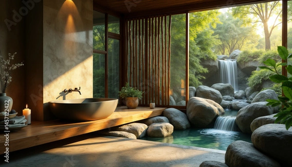 Fototapeta Serene Bathroom with Natural Elements and Waterfall