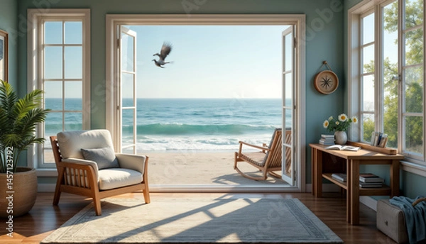 Fototapeta Serene Beach View from a Cozy Living Room