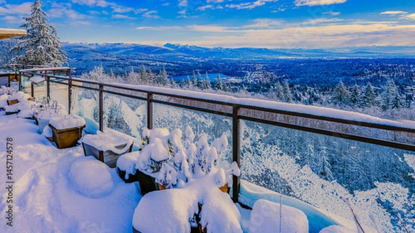 Fototapeta Scenic winter view across Fraser Valley, BC, Canada from snowbound penthouse patio with alpine mountains on horizon.