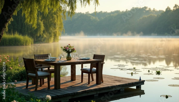 Fototapeta Serene Lakeside Dining Setup at Dawn