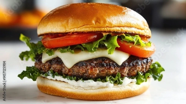Fototapeta Juicy burger with melted cheese, fresh toppings, and soft bun