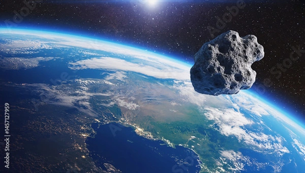 Fototapeta view of earth from space with asteroid and star or galaxy