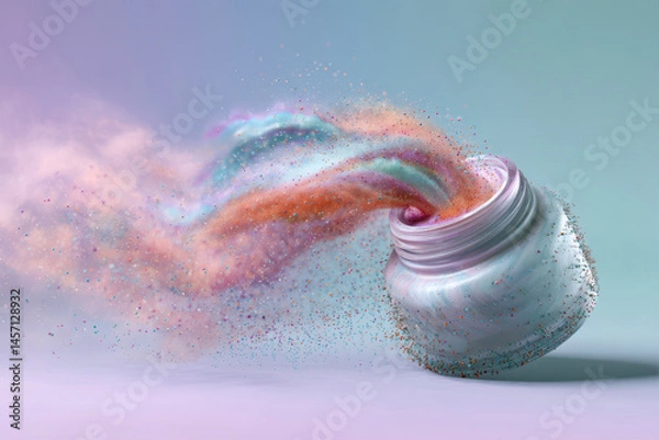 Fototapeta Exploding skincare cream with colorful particles in dynamic motion