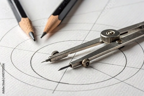 Fototapeta A compass with a sharp metal tip and a lead that draws a circle on paper. High quality photo