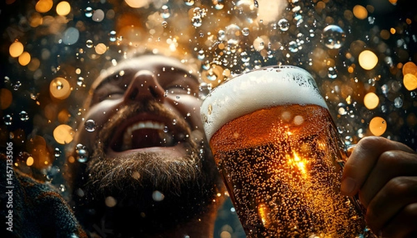 Fototapeta Joyful Man Toasting with Beer Under Golden Lights
