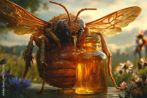 Fototapeta Large Golden Bee Pouring Honey into Bottle in Field