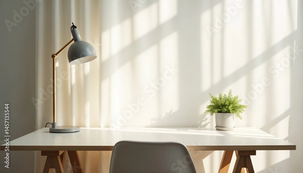 Fototapeta Stylish Minimalist Desk with Natural Light
