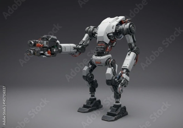 Fototapeta Grey and White Robot with Orange Accents Posing Against Grey Background
