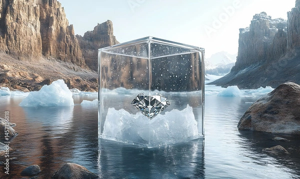 Fototapeta Large Transparent Ice Cube in Glacial Landscape