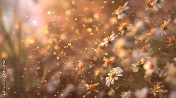 Fototapeta Golden pollen swirls over wilted flowers, a soft transition of seasons reflecting climate change impact
