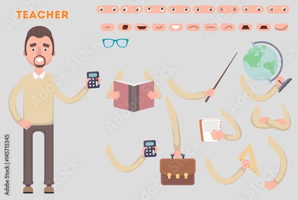 Fototapeta Body parts template for design work and animation. Funny cartoon teacher is a character. Vector illustration on a light background.