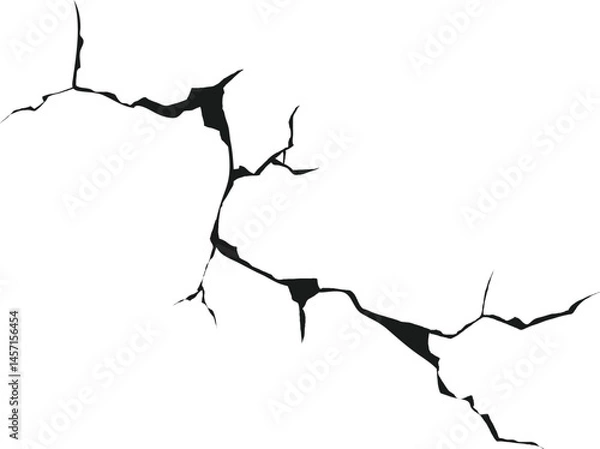 Obraz Cracked wall. Damage surface crack and fissure in ground, concrete, crevices from disaster silhouette breaks on land surface from earthquake isolated on white background. Broken ground	
