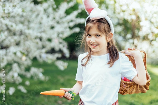 Fototapeta Easter egg hunt. Girl child Wearing Bunny Ears Running To Pick Up Egg In Garden. Easter tradition. Baby with basket full of colorful eggs.