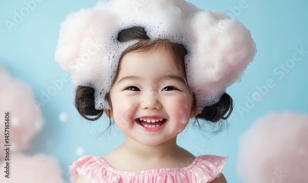 Fototapeta A child filled with joy is enveloped from head to face in soft soap bubbles while bathing, with a serene smile